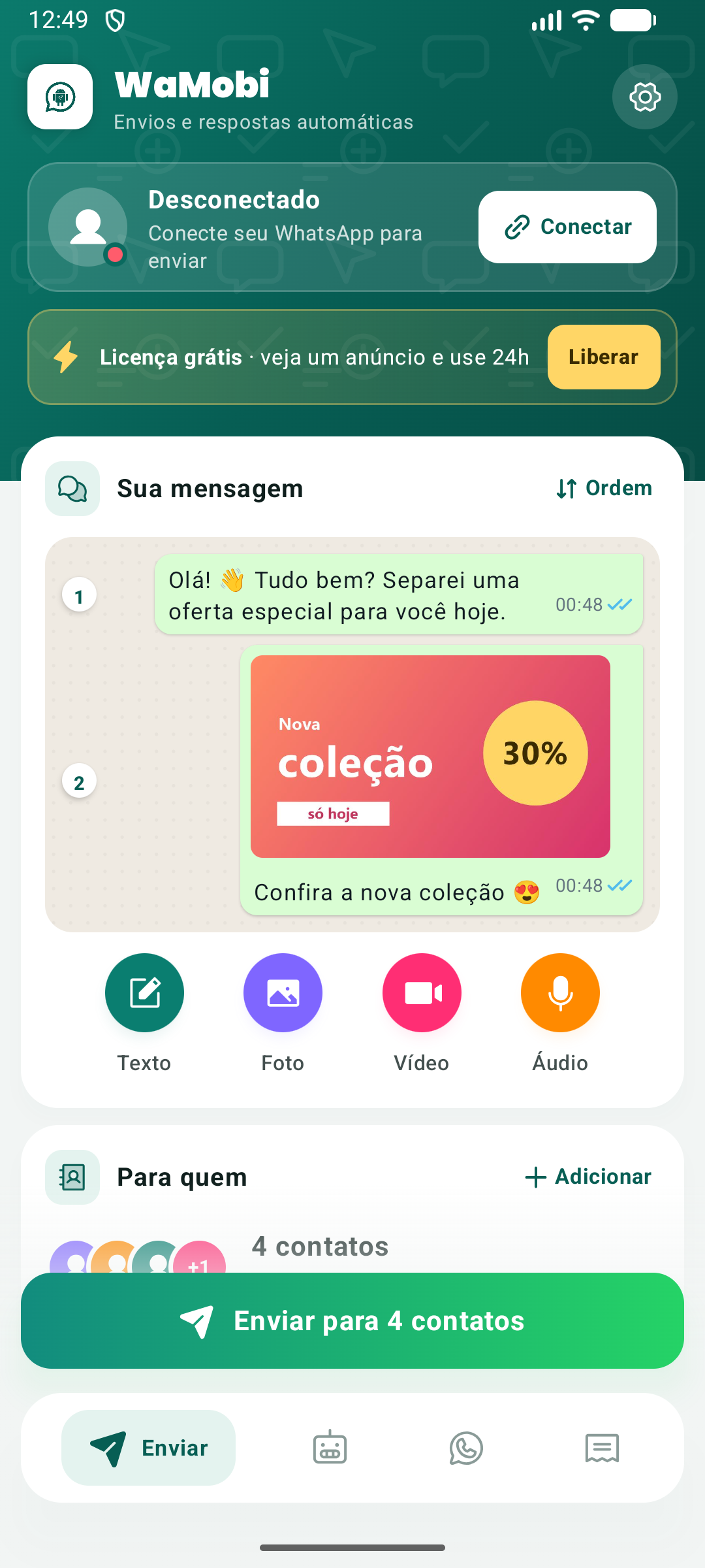 Tela principal do WaMobi: mensagens, números, status e intervalo